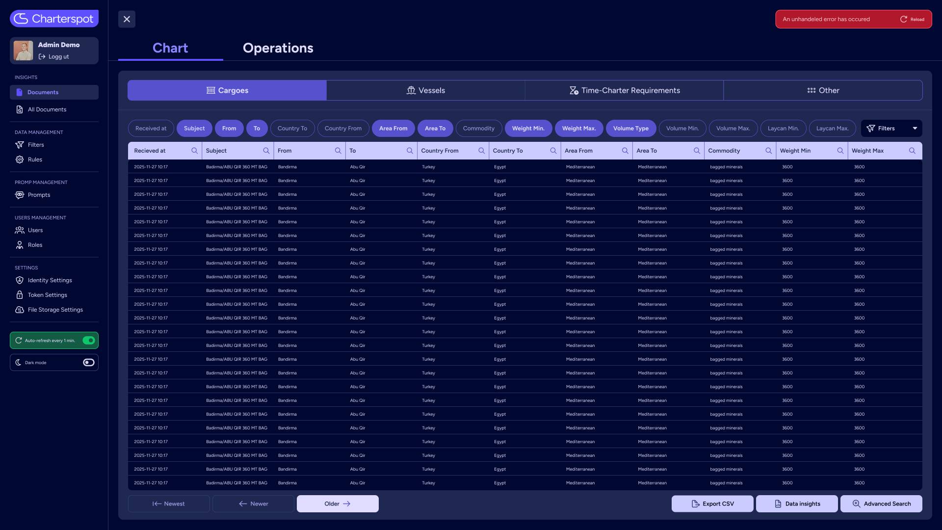 Charterspot workspace showing structured shipping data